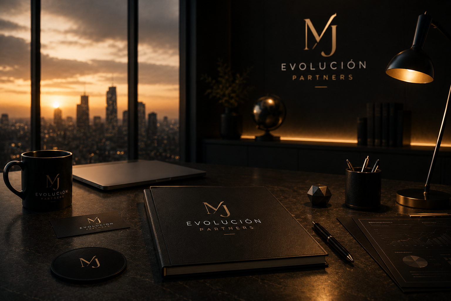 Escritorio editorial premium con horizonte cinematográfico de ciudad al atardecer
